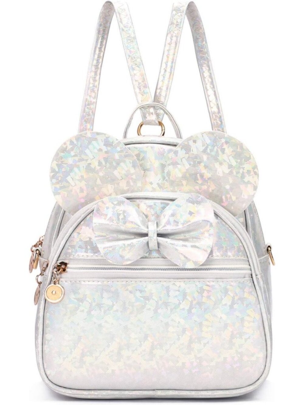 Women Girls Shiny White Mini Backpack Cute Bowknot Convertible Shoulder Bag